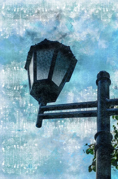 街上的灯柱靠着天空 老式铁制灯柱上的经典维多利亚式路灯 数字水彩画 现代艺术 — 图库照片