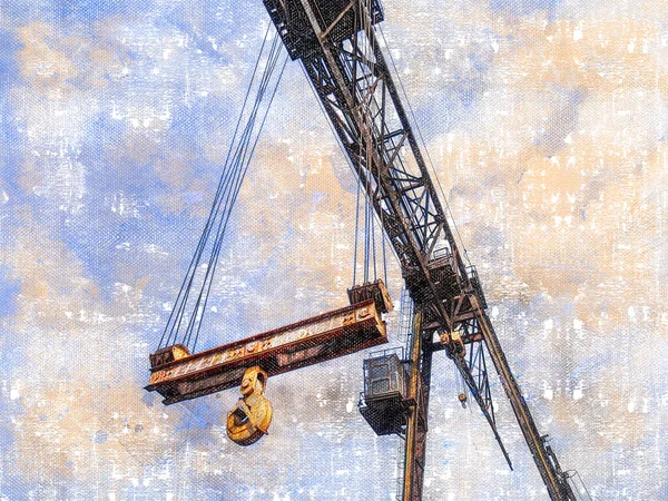 一只50吨重的龙门起重机在天空中 龙门起重机 Gantry Crane 是在龙门顶部建造的起重机 是一种跨越物体或工作空间的结构 数码水彩画 — 图库照片