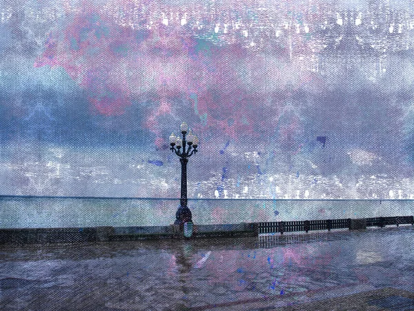 자주색 하늘에 산책로 빈티지 스타일의 가로등 무너지는 디지털 수채화 — 스톡 사진