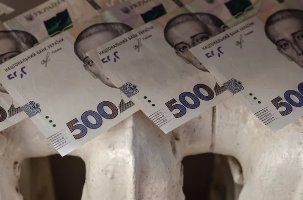 Para eski bir dökme demir kaloriferin üstünde. Ukrayna 500 Hryvnia senedi. Hizmetler için ödemeler.