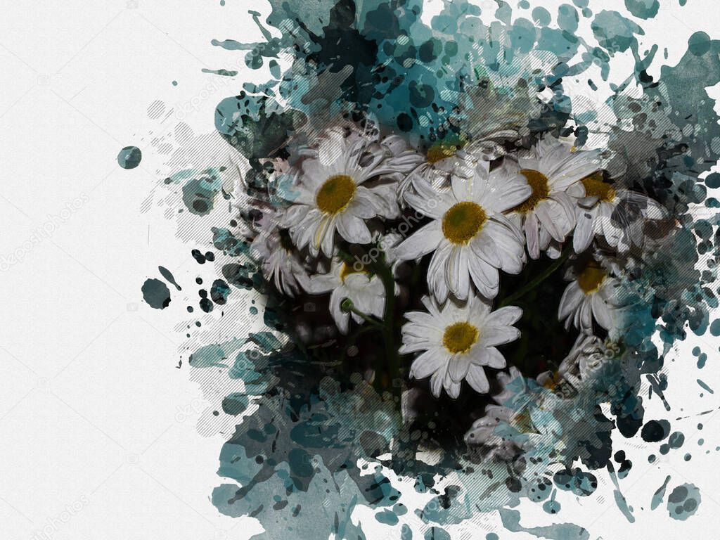 Beautiful bouquet of white daisies. Close-up of white delicate flowers. Digital watercolor painting. Canvas texture. Contemporary digital art.