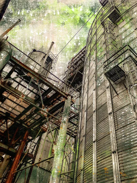 Metal structures of a modern grain elevator. Beams and trusses next to a cylindrical silo for storing grain. Industry and agriculture. Digital watercolor painting. Digital art