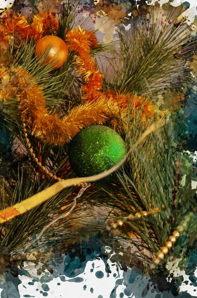 クリスマス クリスマスボール ティンセル ガーランド 松の針の枝で新年の装飾 お祭りの抽象的な背景 デジタル水彩画 — ストック写真