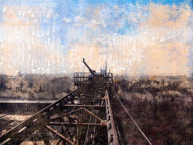 Paslı bir vincin üst köprüsü. Taşınabilir yük platformu ve vinçli metal yapı. Açık mavi gökyüzünün altındaki fabrika. Endüstriyel geçmiş. Dijital suluboya resim.