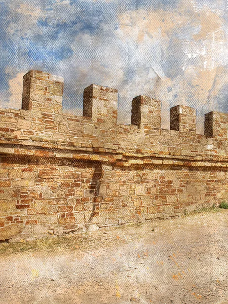 Stone Wall Ancient Fortress Overcast Sky Tall Defensive Structure Jagged — Stock Photo, Image