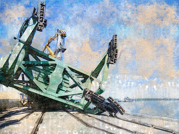 ハーバークレーン崩壊 強い嵐の後に落下ポートクレーン 大容量の港クレーンは桟橋に位置しています 商業港で事件を調査するプロセス デジタル水彩画 — ストック写真