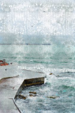 Fırtına dalgaları beton bir kıyıya çarpıyor. Sonbahar deniz fırtınası. Bulutlu bir gün. Boş bir sahil geçidi. Dijital suluboya resim.