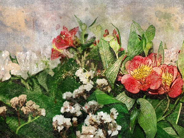 Букет Червоних Білих Квітів Великими Зеленими Листками Альстроемію Зазвичай Називають — стокове фото