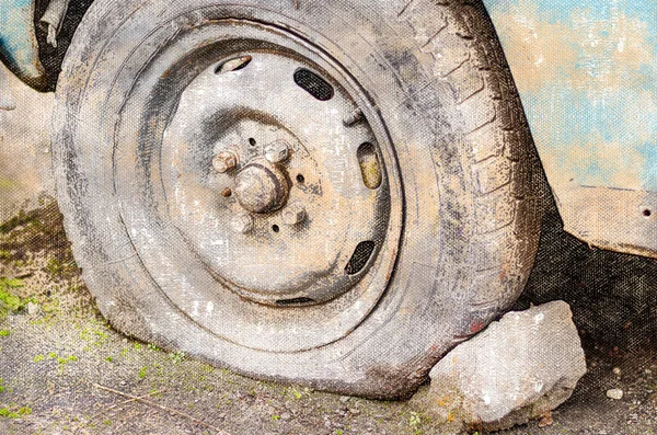 Car with a flat tire in the parking lot. Old abandoned sedan. Digital watercolor painting.