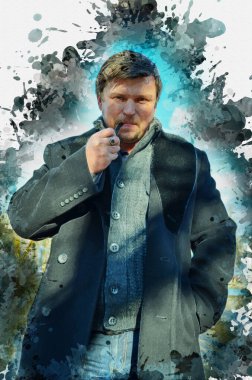 Elinde sigara piposu olan yetişkin bir adamın uzun portresi. Orta parmağında yüzük olan hayat dolu bir adam. Çatallı pipoda tütün içen bir adam. Dijital suluboya resim