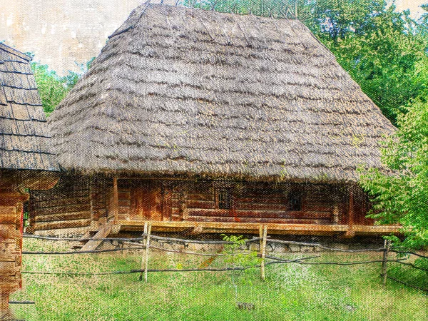 茅葺き屋根の下の森の中の古い木造住宅 最後の世紀のヨーロッパの農民の住居 素朴なライフスタイル デジタル水彩画 現代美術 — ストック写真