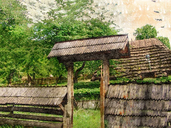 田舎の住居の古い木製の柵 柵や入り口は木の板で覆われています 古代ロシアの生活様式 デジタル水彩画 現代美術 — ストック写真
