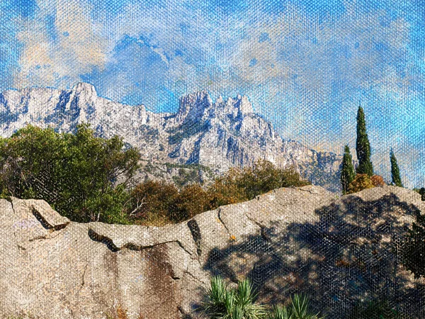 White Mountain Peaks Blue Sky Green Trees Bare Rocks Foreground — Stock Photo, Image
