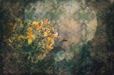 Koyu yeşil arka planda sarı kır çiçekleri. İlkbahar. Doğanın doğal güzelliği. Dijital suluboya resim. Modern Sanat