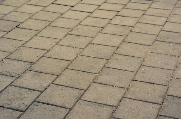 Тротуар Покрыт Серой Квадратной Плиткой Геометрическая Композиция Перспективе Отступления Селективный — стоковое фото