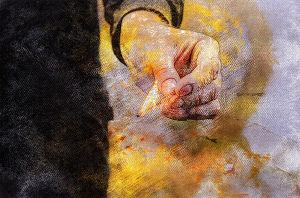 一个人的手握住一根燃烧的火柴 木火柴发出的明亮的火焰的特写 数码水彩画 — 图库照片