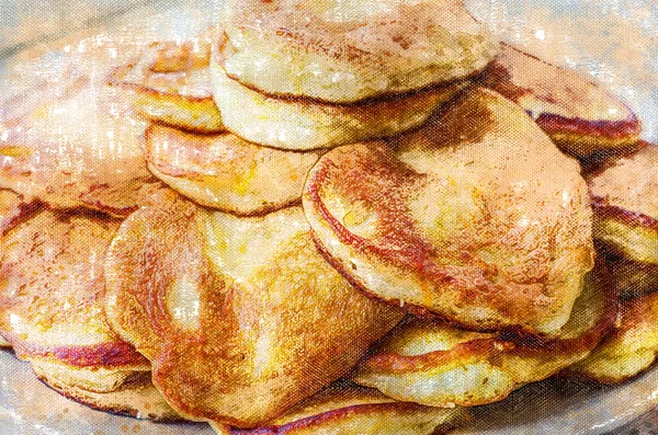 Een stapel gebakken pannenkoeken op een bord. Zelfgemaakte zoete pannenkoeken. R — Stockfoto