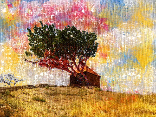 Дерево желаний и маленькая деревянная хижина на пустом поле. Бранк дерева — стоковое фото