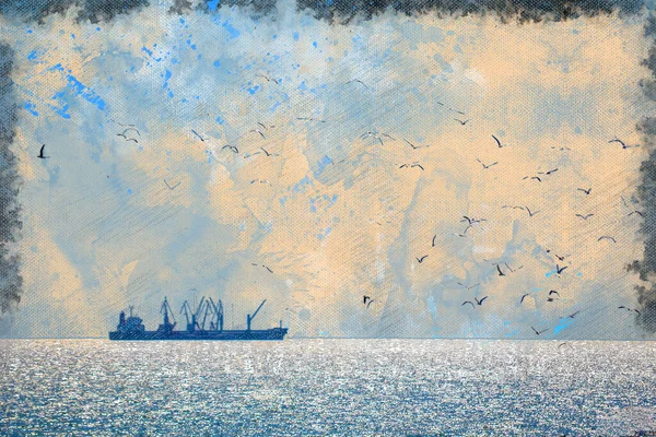 Massengutfrachter und Möwen gegen Meer und blauen Himmel. Schiff vor Anker. Schwimmkräne bei Frachtarbeiten. Möwen schweben über die glänzende Wasseroberfläche. Digitale Aquarellmalerei. — Stockfoto