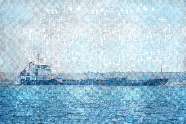 Tanker sailing on the river against the sky. A vessel laden with oil products moves along the navigable. Seagulls soar over the water surface. Digital watercolor painting