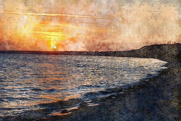 Elragadó nyári naplemente a tengerparton. Egy visszahúzódó narancssárga nap a homokos tengerpart felett. Digitális akvarell festés. — Stock Fotó