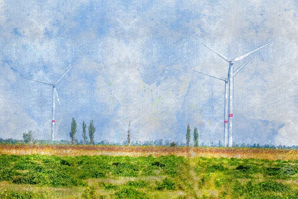 Un parc éolien dans le champ. Grands éoliennes blanches à trois pales contre un ciel dégagé. Paysage industriel. Aquarelle numérique peinture — Photo