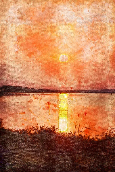 Puesta de sol sobre el lago. El sol del verano se pone sobre el horizonte sobre un lago de patos. La belleza de la naturaleza. —  Fotos de Stock