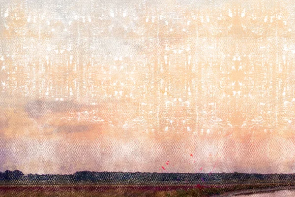 Rózsaszín ég felhőkkel a mező felett. Meleg nyári este. Naplemente. Digitális akvarell festés. — Stock Fotó