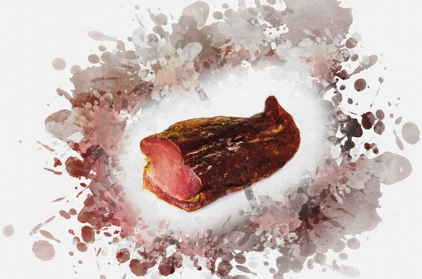 Gyógyított hús. Egy darab szárított sertésfilé. Kész az evésre. Digitális akvarellfestés. Modern művészet. — Stock Fotó