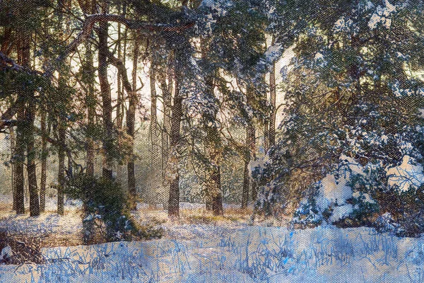 Amanecer en un bosque de invierno. Los primeros rayos de luz solar iluminar t —  Fotos de Stock