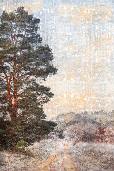 Camino de tierra en el bosque de invierno. Cubierto de heladas y árboles de nieve y arbustos. Pino alto a la izquierda. Día de invierno helado. Acuarela digital pintura —  Fotos de Stock