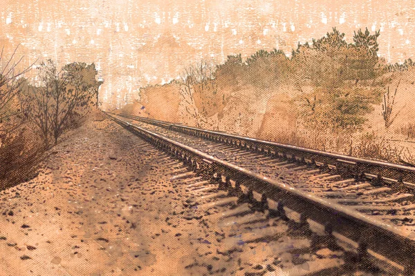 Le rotaie vanno in lontananza. Ferrovia in una foresta decidua autunnale. Pittura digitale ad acquerello — Foto Stock