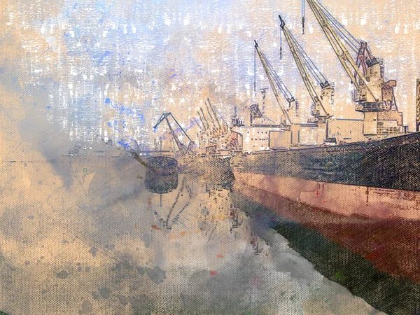 Pohled z vody v přístavu. Plavidla kotvící v kotvištích. Nakládka a vykládka. Námořní transport. Logistika, obchod, obchod. Digitální akvarel — Stock fotografie