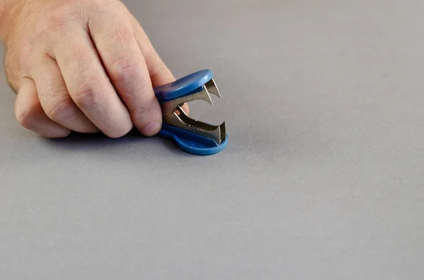 Male hand holds blue anti stapler against gray background. Devic