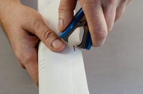 Manager removes staples from documents. Hand holds contract and