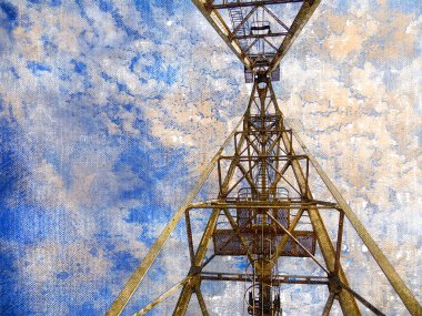 Mavi gökyüzüne karşı sarı vinç kolu. Portal vinç ticari rıhtımda. Sanayi, taşımacılık.