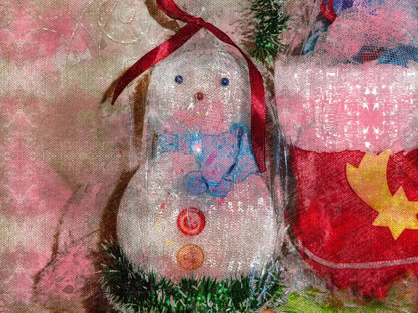 Weihnachtsgeschenke. Ein Schneemann und ein roter Handschuh mit einem gelben Stern. Neujahr und Weihnachtsferien. — Stockfoto
