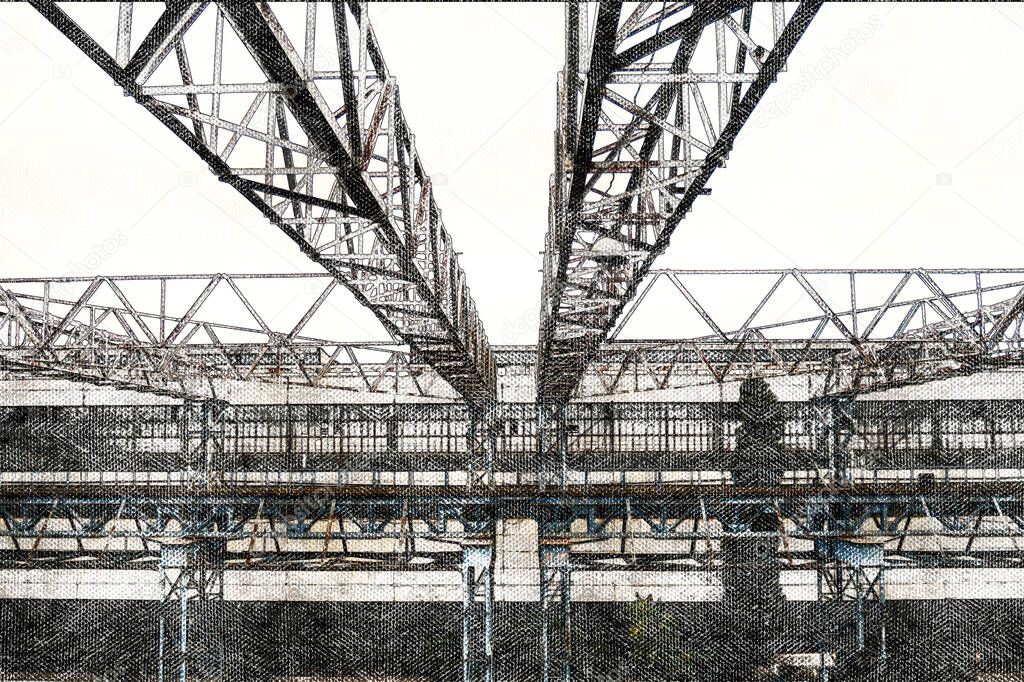 Industrial Landscape. Factory metalwork. Bridge cranes, metal trusses over production areas.