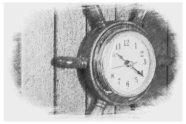 Deniz dümeni şeklinde duvar saati çizen bir kalem. Denizcilik tarzı saat ahşap duvara bağlıdır. Vektör