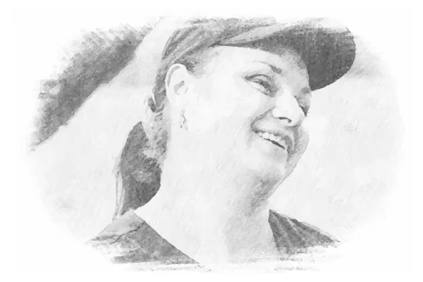 Bleistift-Porträt einer fröhlichen erwachsenen armenischen Frau mit schwarzem Basecap. Eine glückliche Frau mittleren Alters. Vektorillustration — Stockvektor