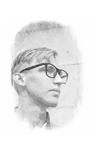 Retrato a lápis de um jovem elegante usando óculos. Bonito jovem homem.Vector — Vetor de Stock