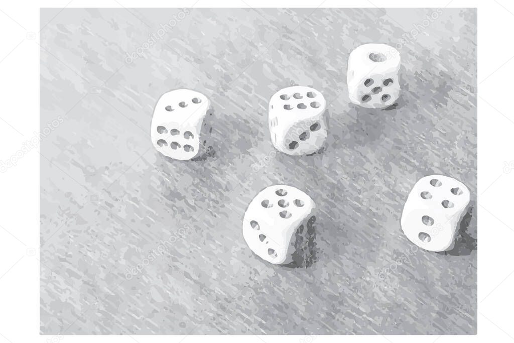 Gray Pencil drawing of dice. A game combination of five dice. Vector illustration