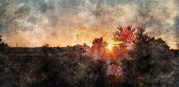 Októberi naplemente. A vörös-narancssárga nap lenyugszik a horizont felett. Digitális akvarell festés — Stock Fotó