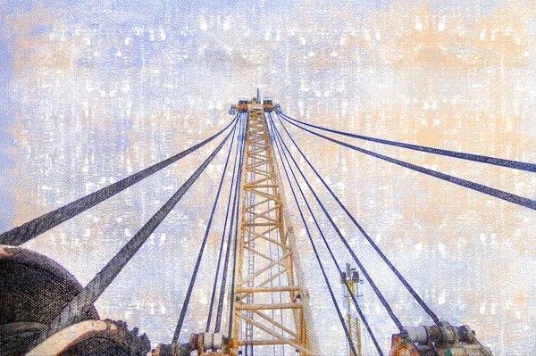 Kraanarm met stalen touwen tegen de lucht. Gele metalen giek van een bouw- of havenindustrie. — Stockfoto