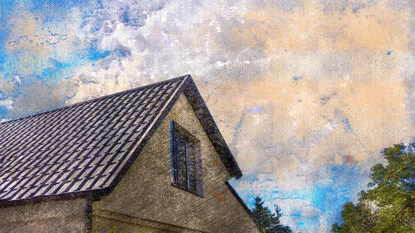 青い空に対して茶色の屋根を持つコテージやタウンハウス。不動産. — ストック写真