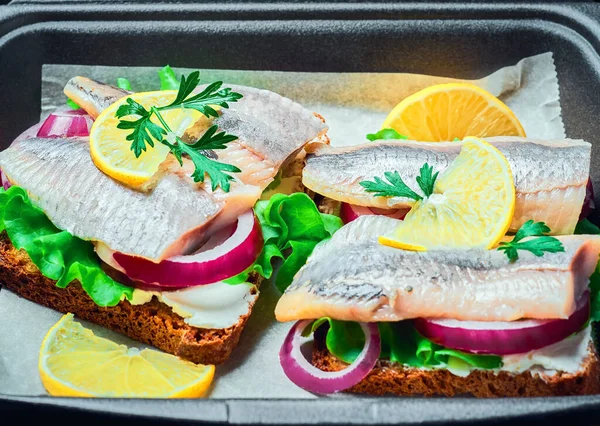 Herring Sandwiches Rye Bread Parsley Lemon Fast Food Container Traditional Stock Picture