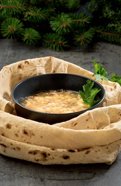 Caucasian Khash Soup Bowl Lavash Cakes Herbs Close Traditional Armenian Stock Image