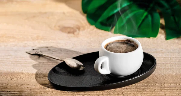Una Taza Café Expreso Sobre Una Mesa Rústica Madera Vapor — Foto de Stock