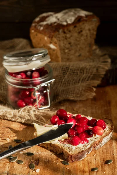 Toast Cranberries Butter Homemade Sourdough Bread Sunlight Table Hobby Baking — Stock Photo, Image