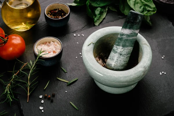 Marble Mortar Grinding Spices Rosemary Basil Leaves Sea Salt Tomatoes Stock Image